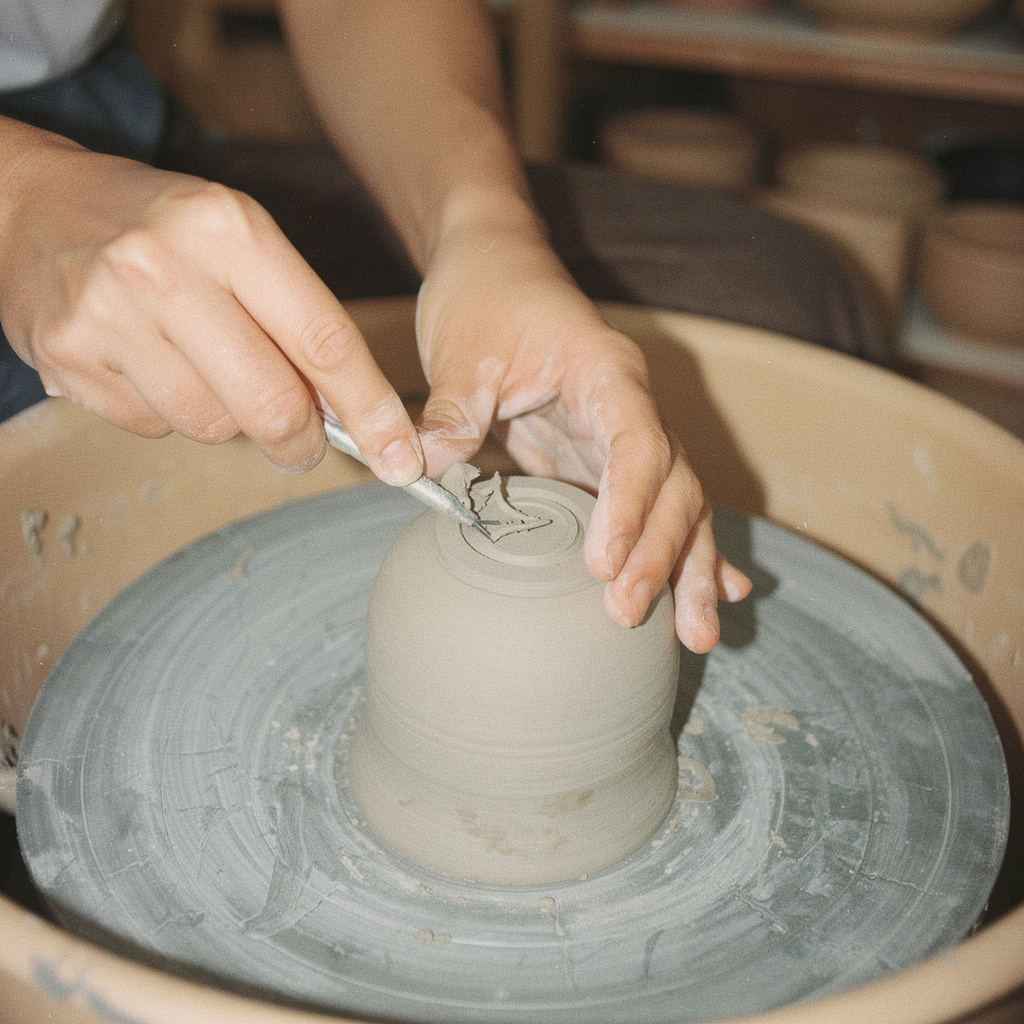 Primer plano de las manos de un artesano trabajando en un torno de alfarero. El artesano utiliza una herramienta metálica de precisión para tallar o retocar la base de un cuenco de arcilla gris que está colocado boca abajo sobre el plato giratorio. Al fondo, de forma desenfocada, se aprecian estanterías con otras piezas de cerámica, creando una atmósfera de taller artesanal y concentración.